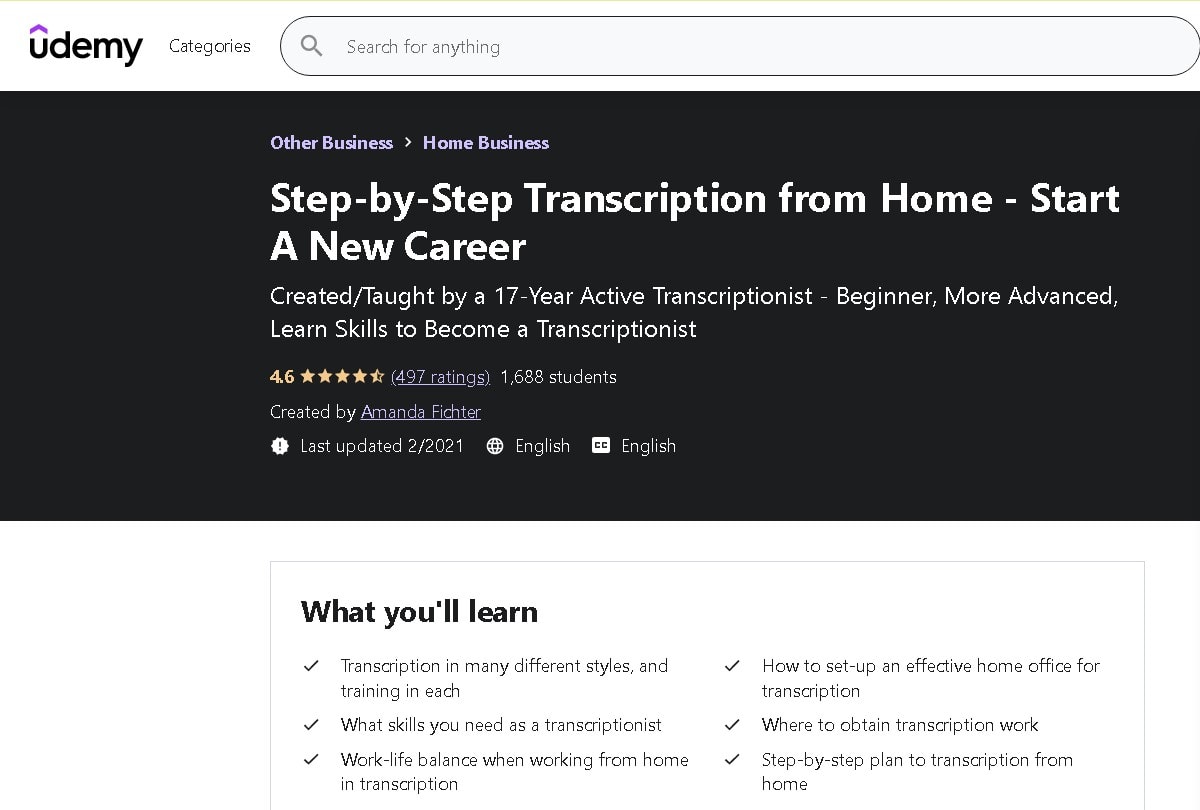 best online transcription course udemy Amanda fichter