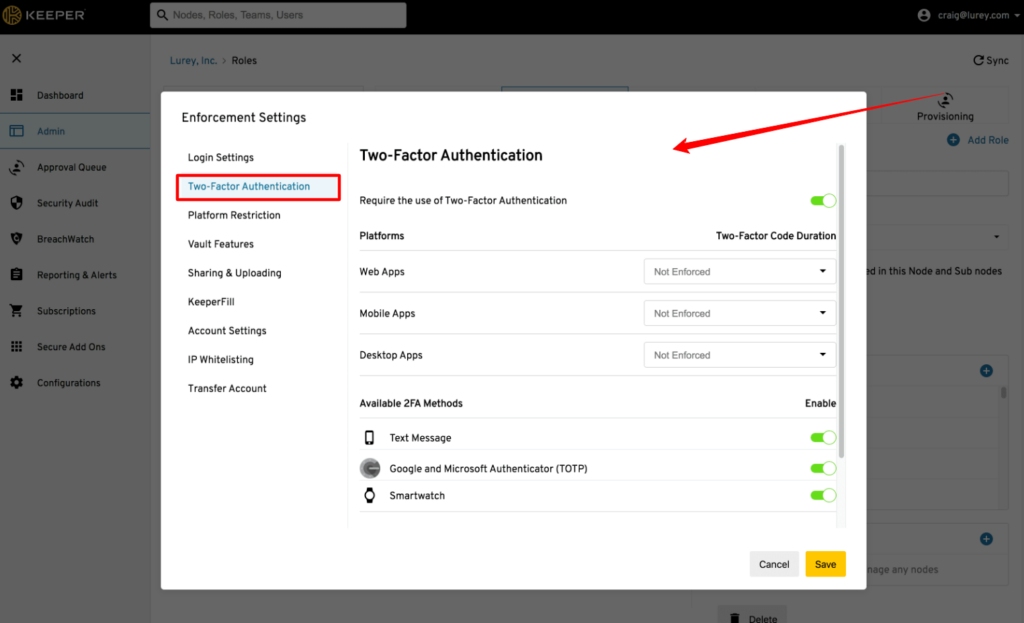 Keeper manager two factor authentication