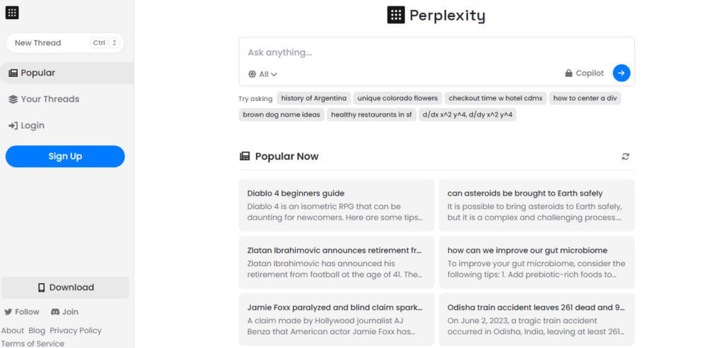 perplexity homepage