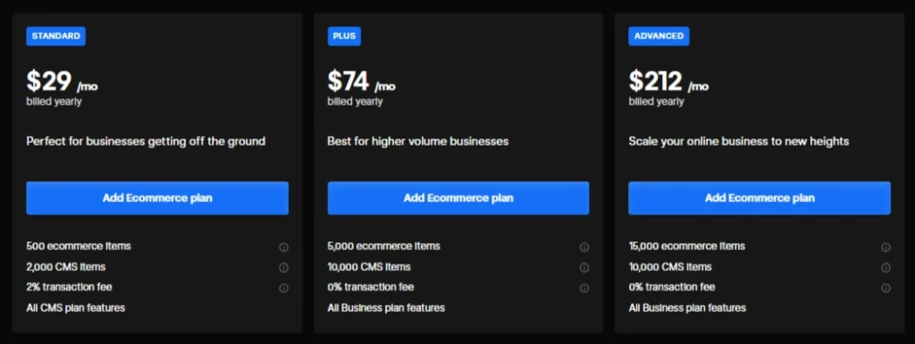 Webflow E-commerce Plans