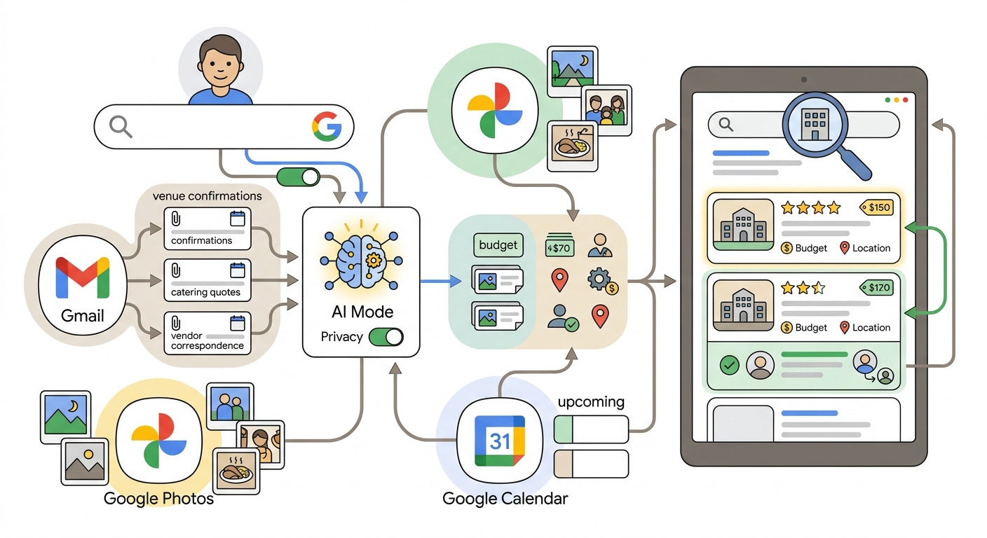 When Google announced that Personal Intelligence in AI Mode would connect to Gmail and Google Calendar — with Calendar integration coming soon — the headline focused on personalized search results. The venue marketing implication received almost no attention, and it is significant. Google is expanding Personal Intelligence in AI Mode to more people in nearly 200 countries and territories across 98 languages. Users can securely connect apps like Gmail and Google Photos, and soon Google Calendar. Personal Intelligence was designed with transparency, choice, and control at its core. When a user's Gmail is connected to AI Mode, Google can read their past event-related emails — venue confirmations, catering quotes, vendor correspondence — to inform future search recommendations. When someone searches for an event venue after opting into Personal Intelligence, Google's AI system can cross-reference their Gmail to understand what kind of events they have organised before, what price range they have engaged with, and whether they have a relationship with specific vendors.