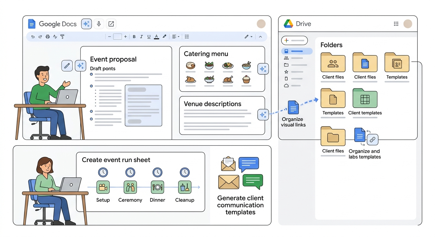 Gemini in Drive means your existing document library is now searchable and summarizable by AI. If you have been storing event documents, client communications, and supplier contracts in Google Drive for years, you now have an AI assistant that can surface relevant information from that archive on demand. Looking for the catering specification from a specific corporate client's event three years ago? Gemini in Drive can find it. Comparing the terms of supplier contracts across five vendors? Gemini in Sheets can extract and compare the relevant clauses. This operational intelligence layer — AI that understands your venue's institutional history stored in Drive — is a genuine competitive capability for venues that have been consistent Google Workspace users. The value of your accumulated document library has just increased significantly.