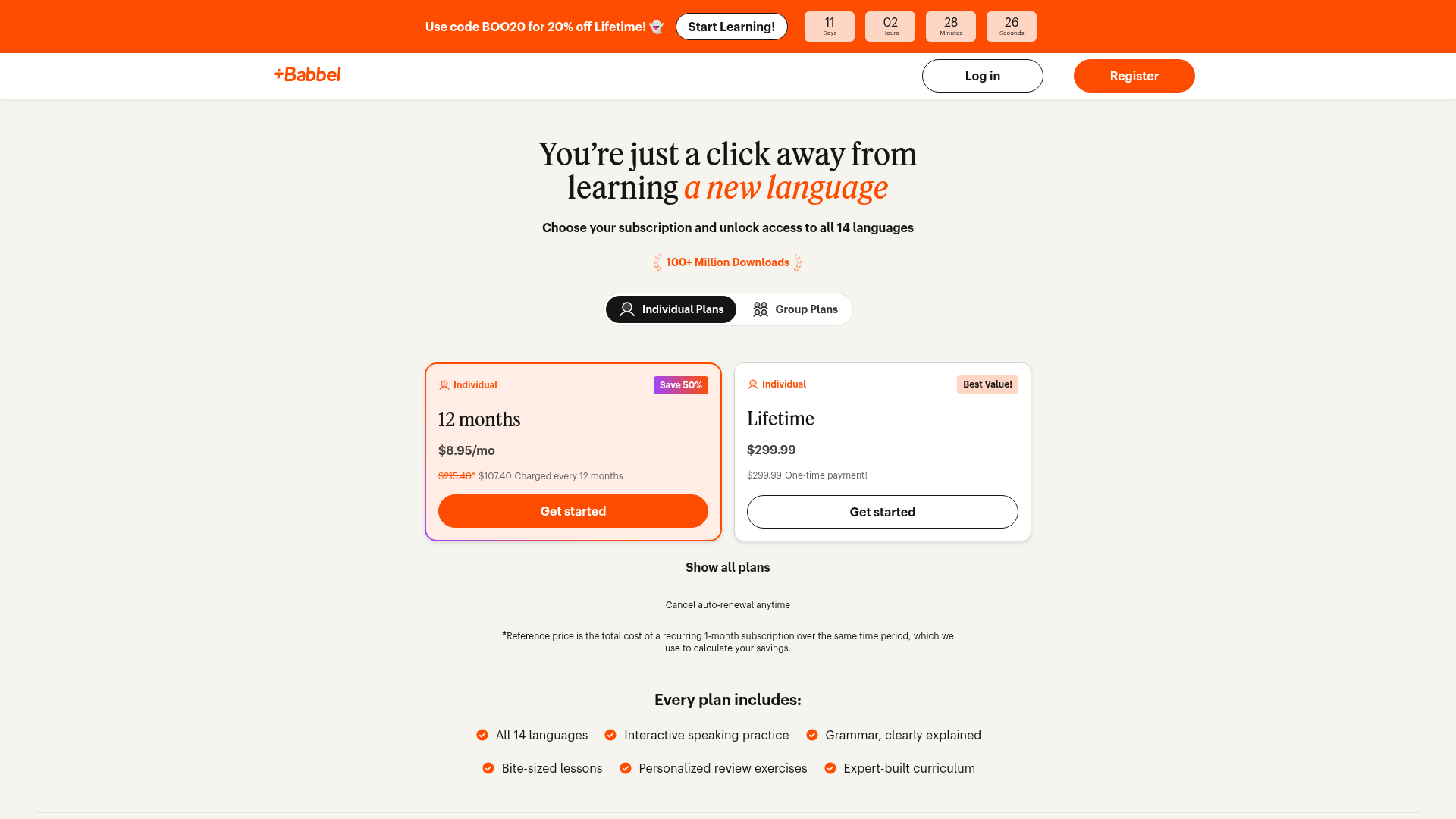 Babbel Prices and Plans 2026 Babbel prices page: 12 months at $8.95/mo ($107.40 a year, save 50%) and Lifetime for $299.99, with code BOO20 banner