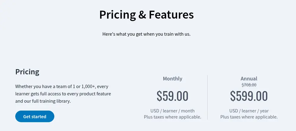 CBT Nuggets Pricing 2026 CBT Nuggets pricing: $59 per learner per month or $599 per year, down from $708