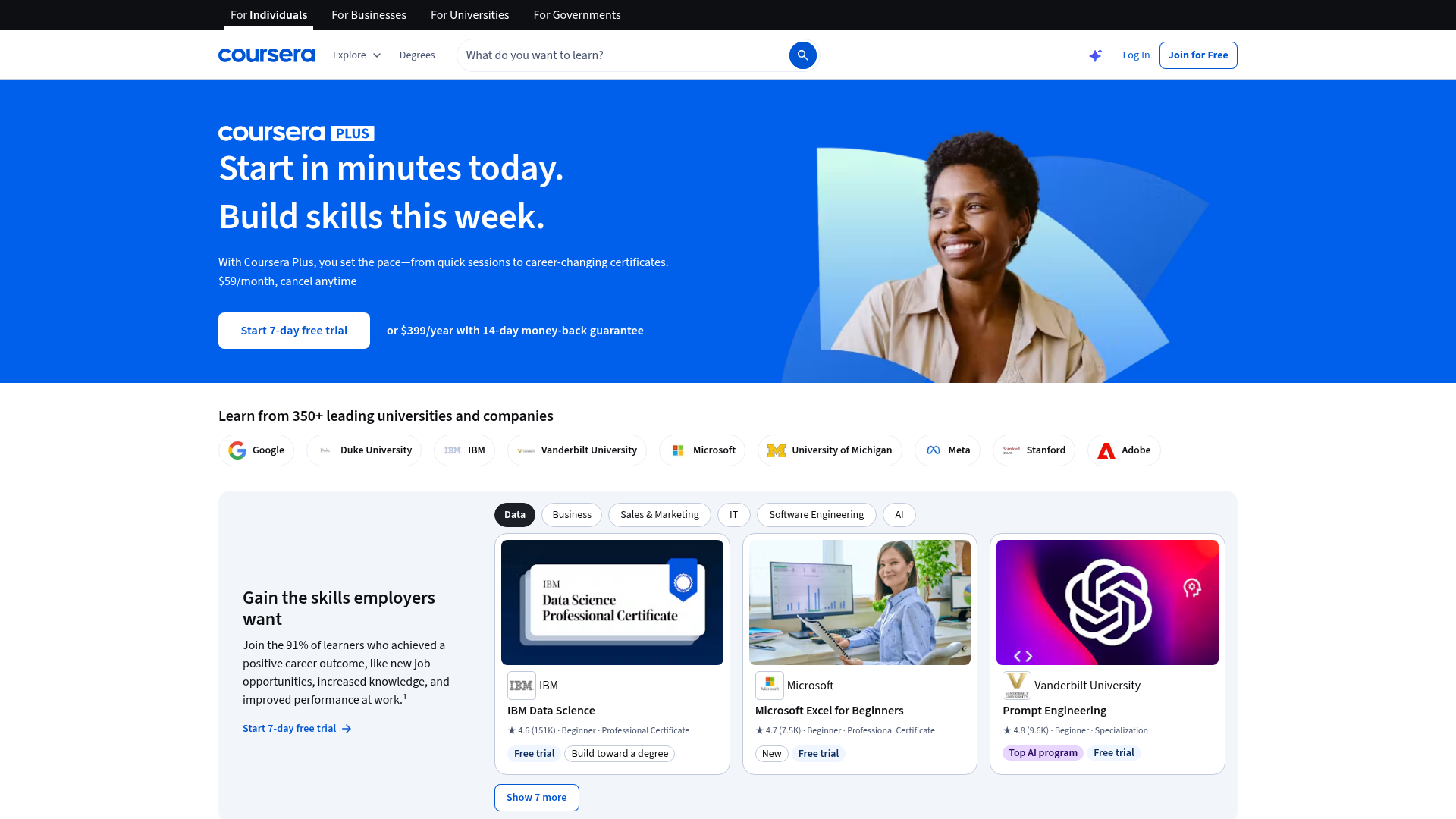 Coursera Plus page showing $59/month with a 7-day free trial, or $399/year with a 14-day money-back guarantee