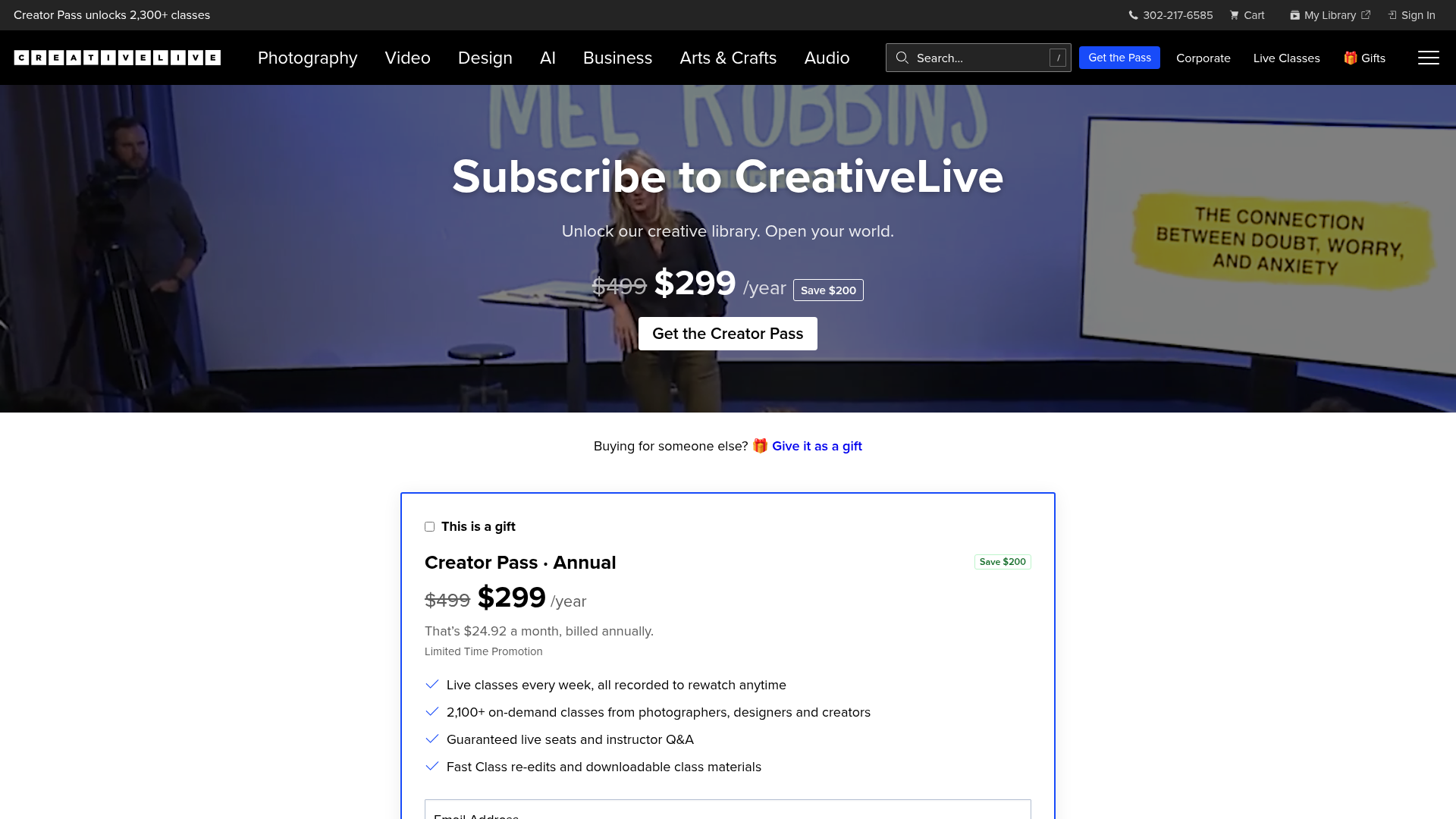 CreativeLive subscribe page showing the annual Creator Pass at $299 a year, down from $499, or $24.92 a month