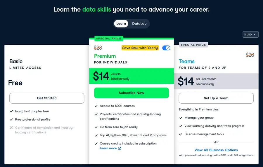 DataCamp Premium Pricing 2026 DataCamp pricing: free Basic plan, Premium at a $14/month special price billed annually, Teams $14 per user