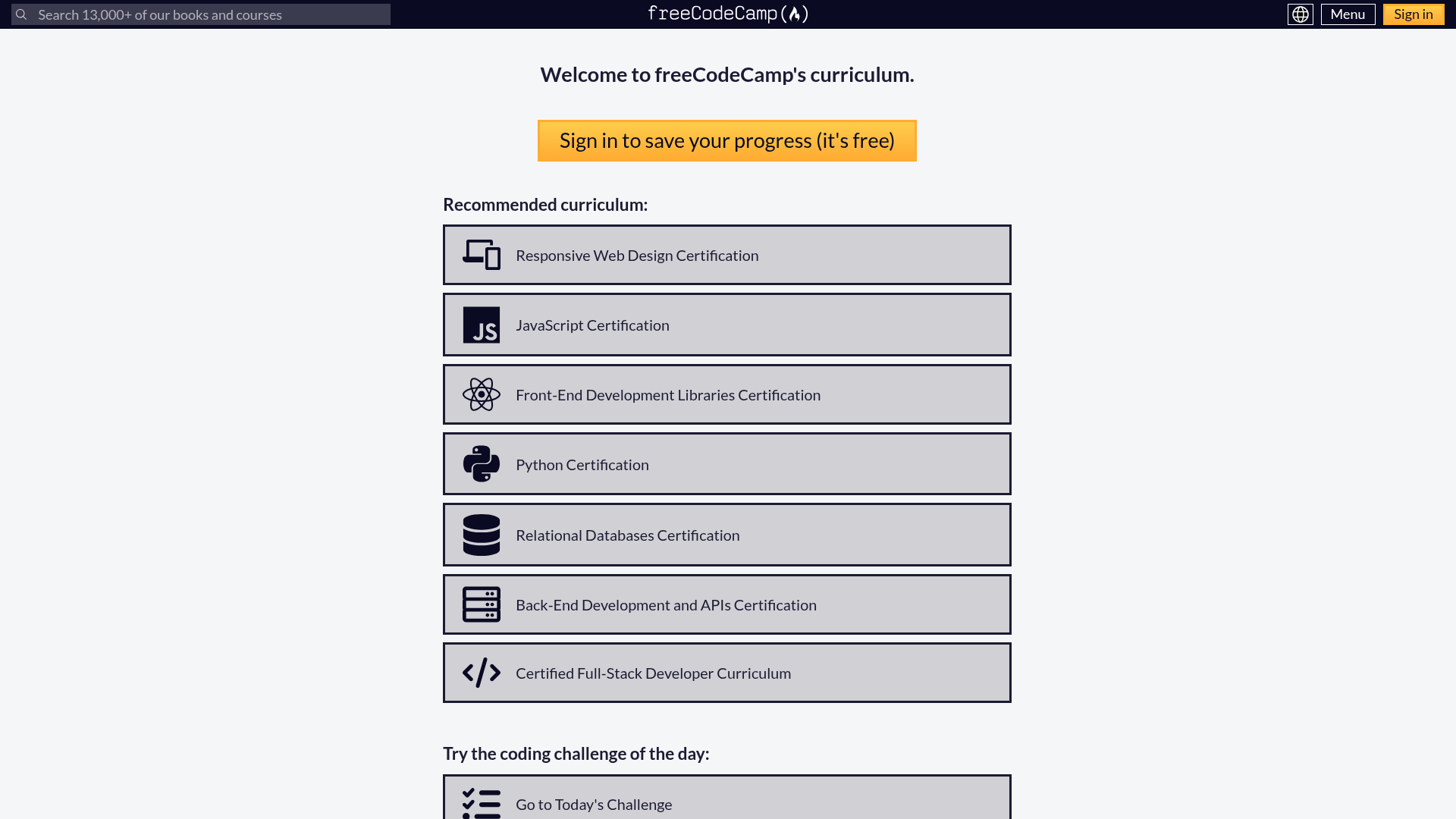 freeCodeCamp Free Certification Curriculum 2026 freeCodeCamp curriculum page listing free certifications: Responsive Web Design, JavaScript, Python, Relational Databases and more