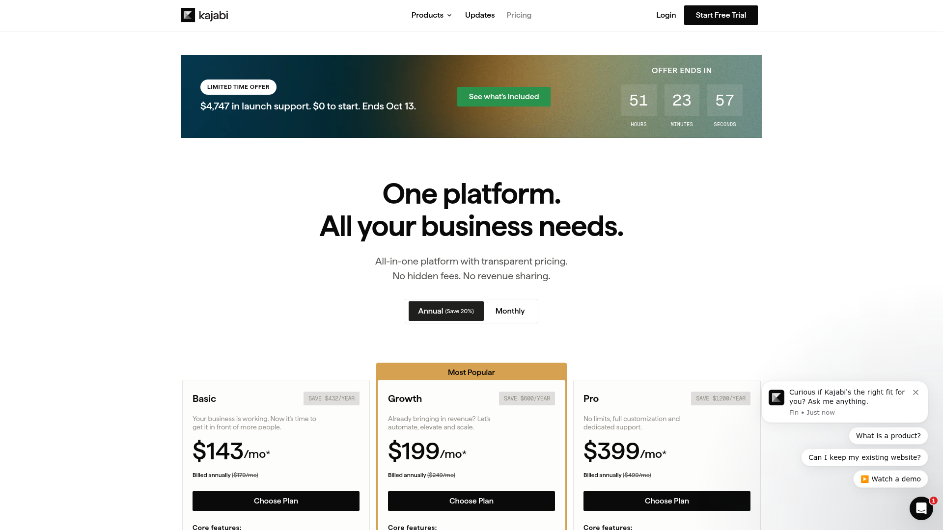 Kajabi Pricing Plans 2026 Kajabi pricing page with Basic $143, Growth $199 and Pro $399 per month billed annually