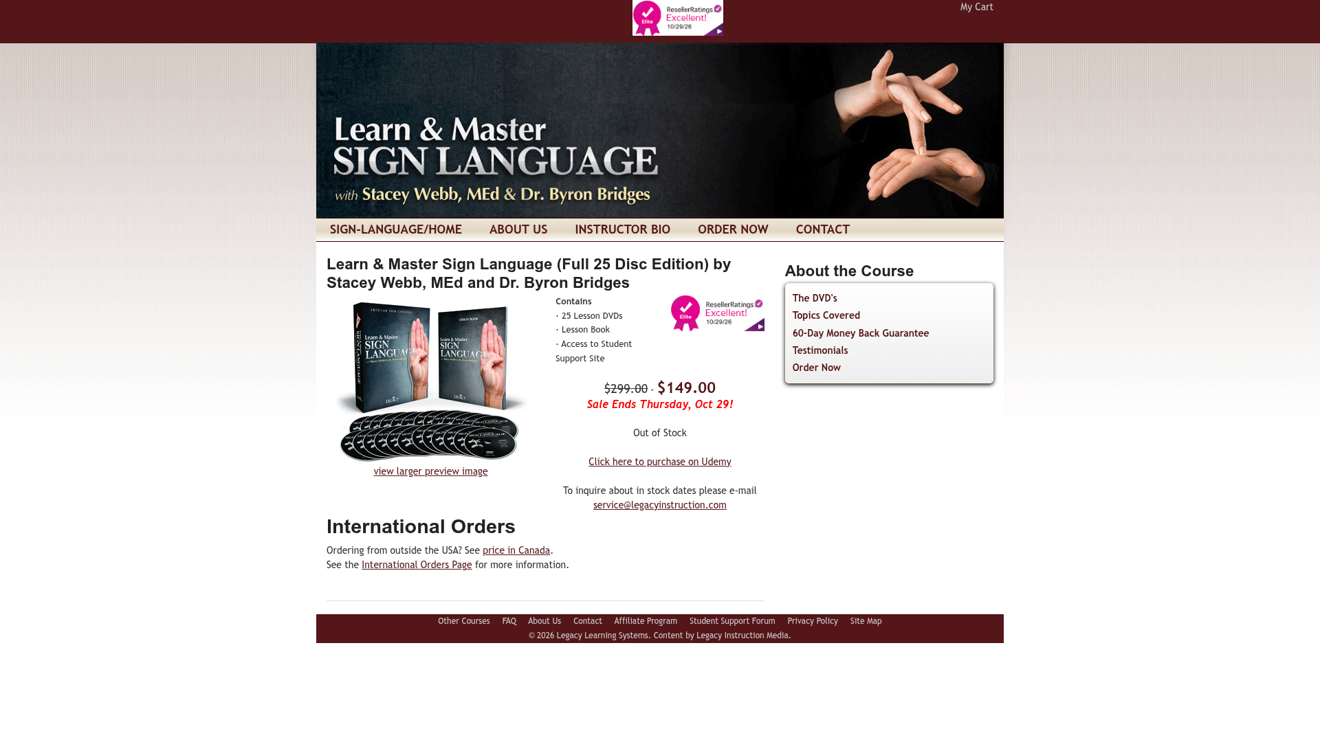 Learn and Master Sign Language Order Page 2026 Learn and Master Sign Language order page showing the 25-disc DVD edition at $149, down from $299, marked out of stock