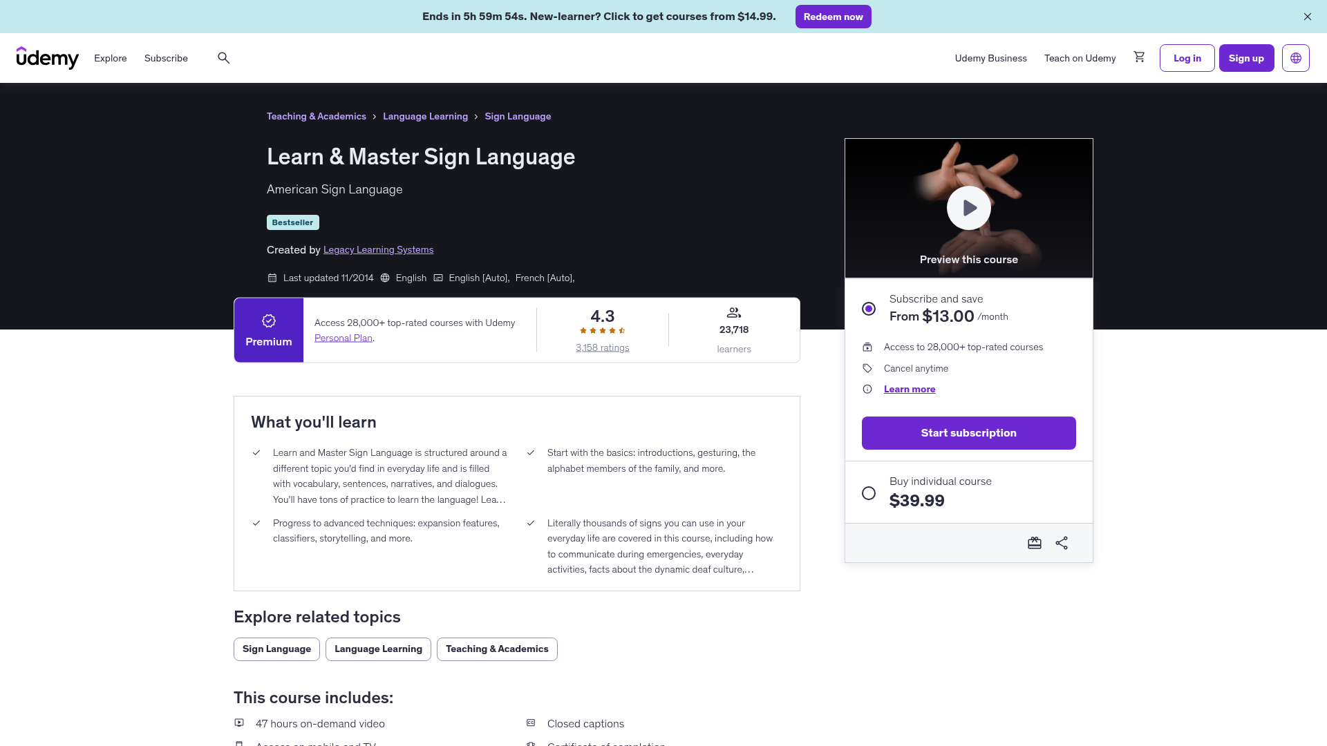 Learn and Master Sign Language on Udemy 2026 Udemy course page for Learn and Master Sign Language with a 4.3 rating, $39.99 price and Personal Plan from $13 a month