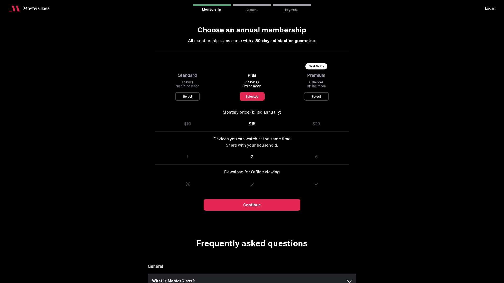 MasterClass plans page showing Standard $10, Plus $15 and Premium $20 a month billed annually, with a 30-day guarantee