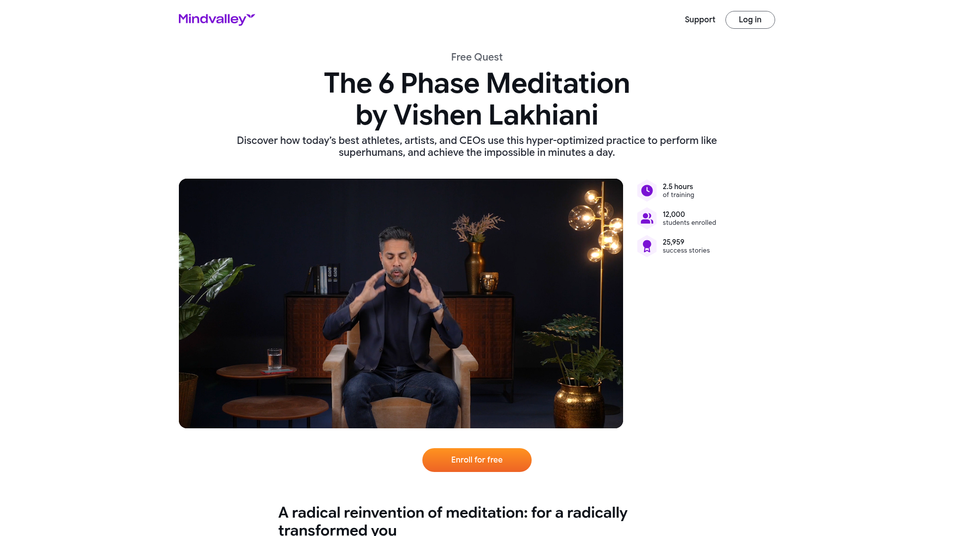 Mindvalley 6 Phase Meditation Hero 16 Oct 2026 Mindvalley 6 Phase Meditation Free Quest page with Vishen Lakhiani, 2.5 hours of training and Enroll for free