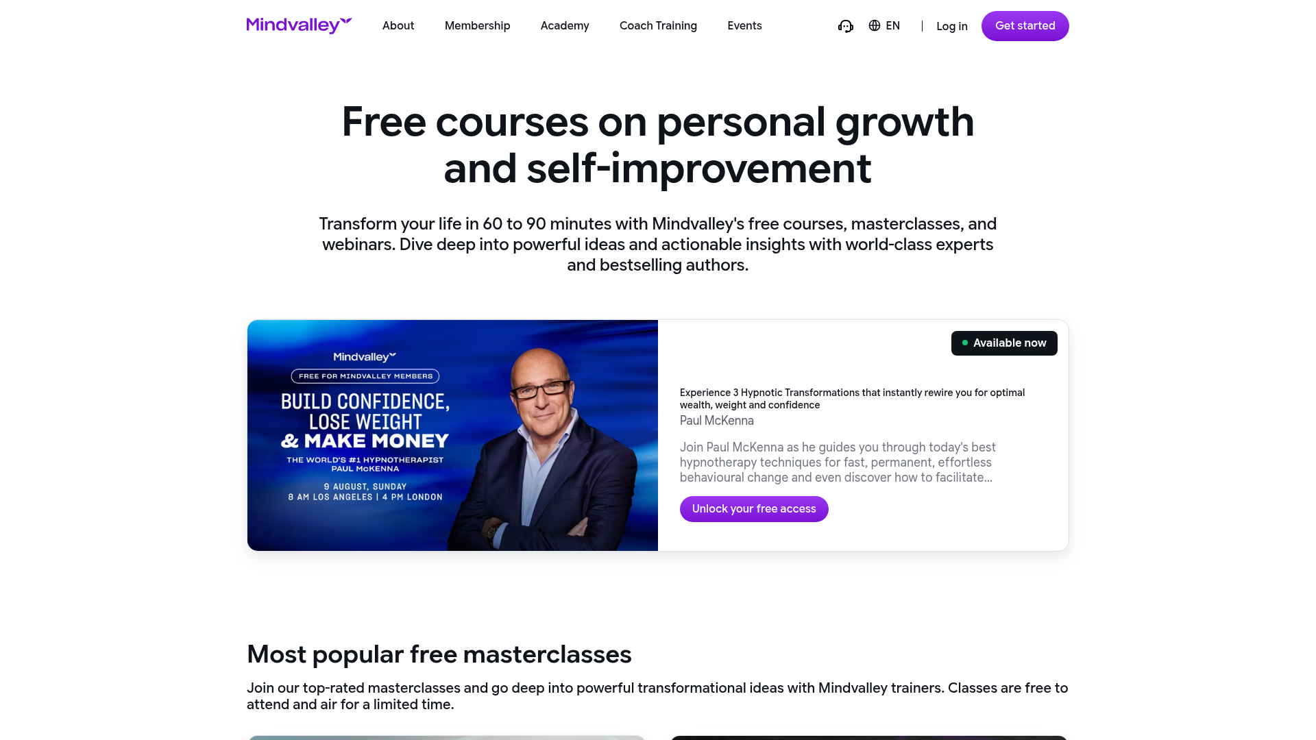 Mindvalley Free Courses and Masterclasses 15 Oct 2026 Mindvalley free courses page listing free masterclasses and webinars for personal growth