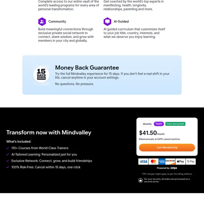 Mindvalley Membership Pricing 16 Oct 2026 Mindvalley 15-day money-back and Yearly Membership at $41.50 per month billed $499 with $689 yearly saving