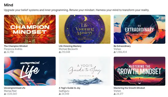 Mindvalley Mind category showing Champion Mindset, Life Visioning Mastery, Be Extraordinary and Uncompromised Life quests