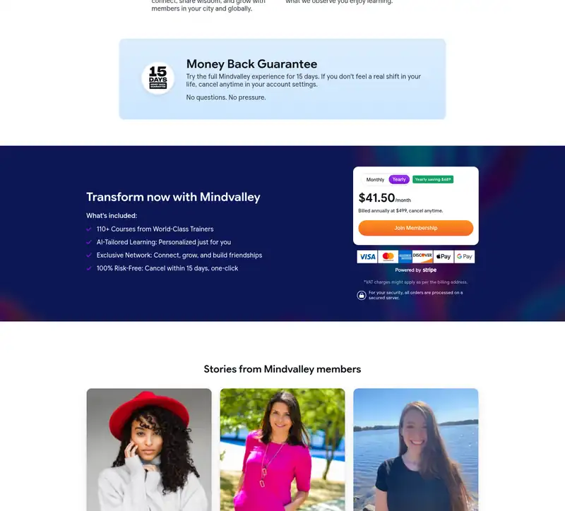 Mindvalley Pricing and 15-Day Money-Back 15 Oct 2026 Mindvalley membership join card showing Yearly $41.50/mo billed $499 with $689 saving and 15-day money-back guarantee