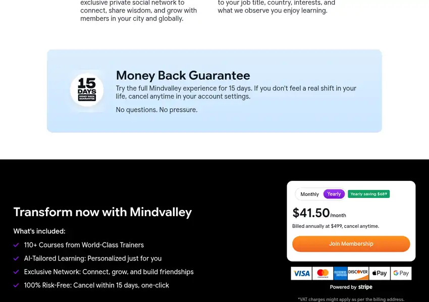 Mindvalley Pricing Plans 2026 Mindvalley membership pricing showing yearly $41.50/mo billed at $499 and 15-day money-back guarantee