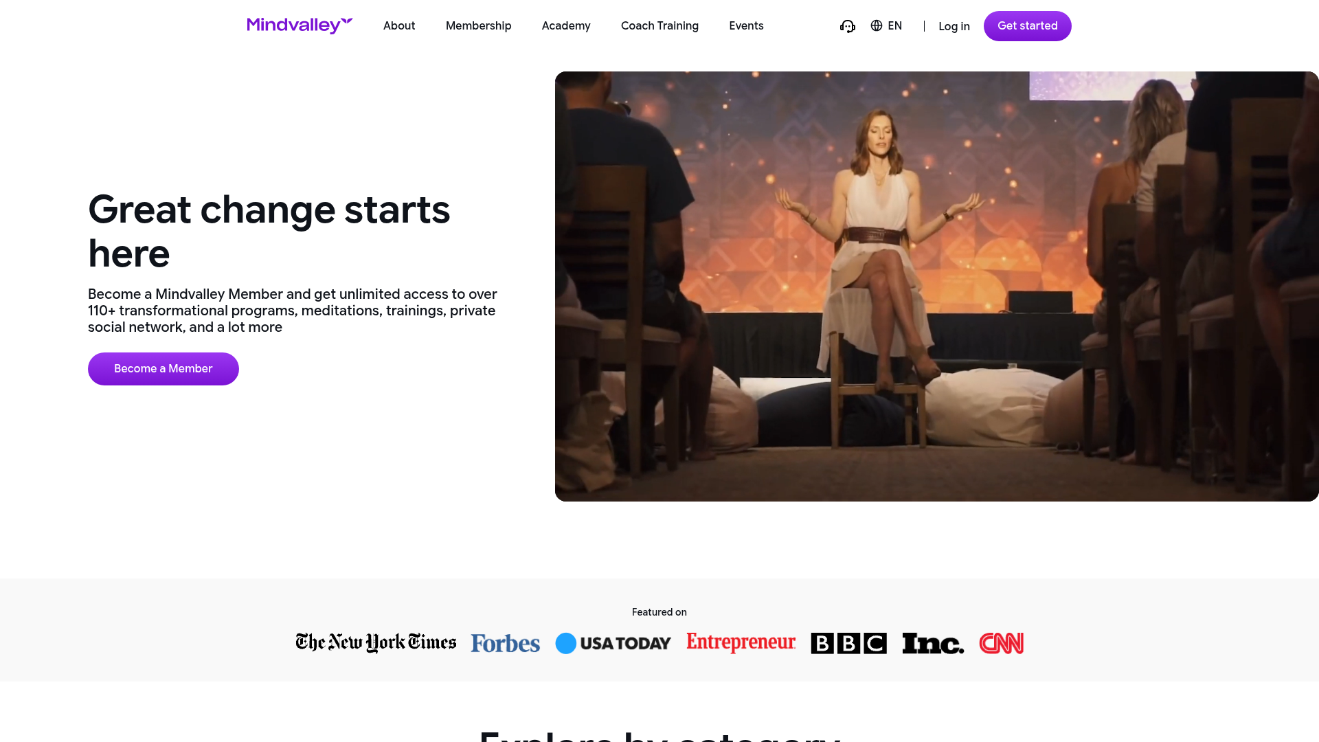 Mindvalley programs page hero saying Membership unlocks 110+ transformational programs, meditations and a private network