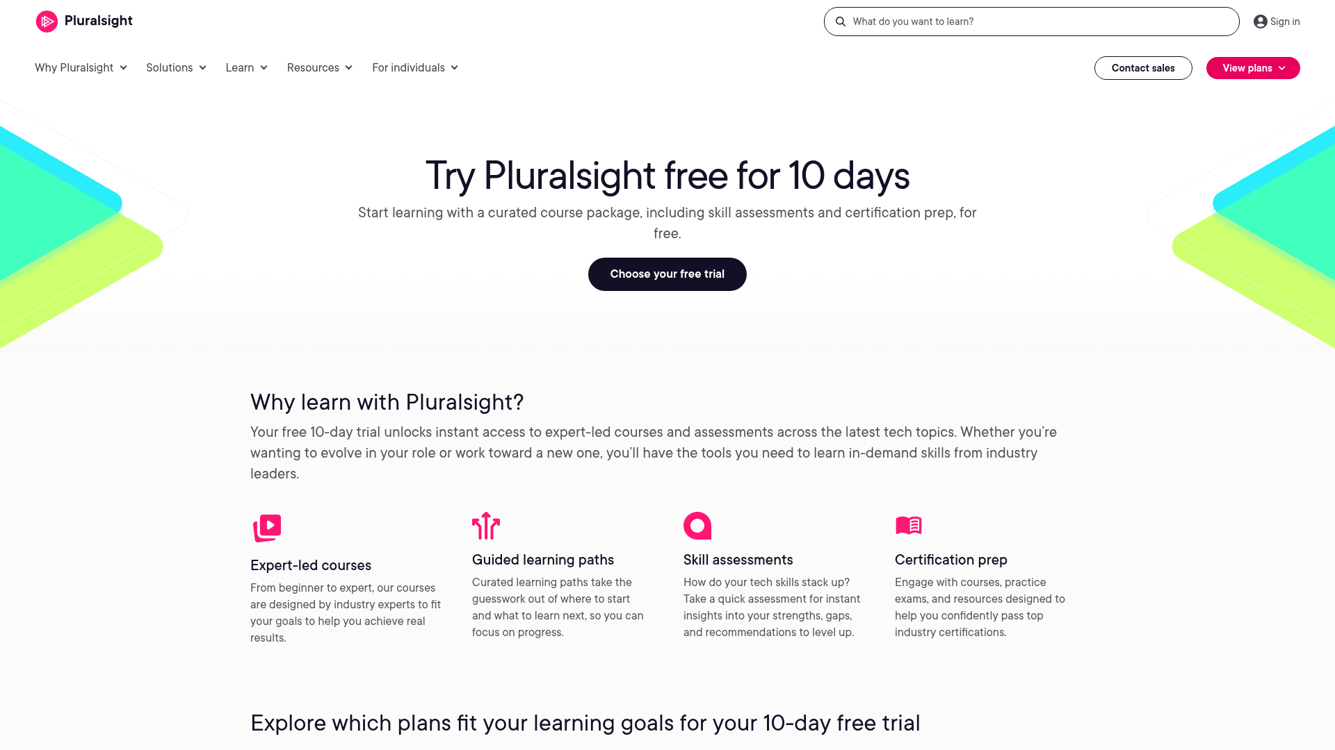 Pluralsight 10-Day Free Trial 2026 Pluralsight free trial page headline reading Try Pluralsight free for 10 days with a Choose your free trial button