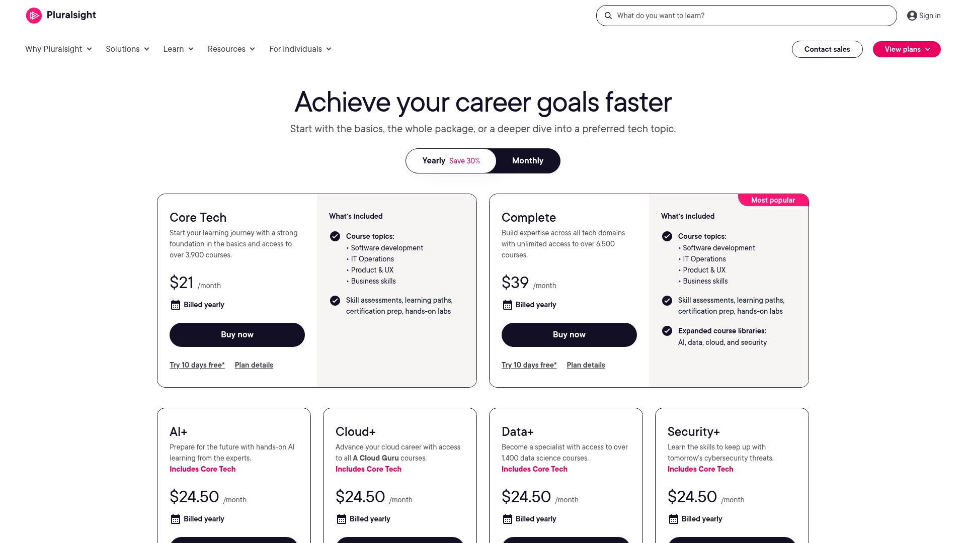 Pluralsight Individual Pricing Plans 2026 Pluralsight yearly pricing: Core Tech $21/mo, Complete $39/mo, AI+, Cloud+, Data+ and Security+ $24.50/mo