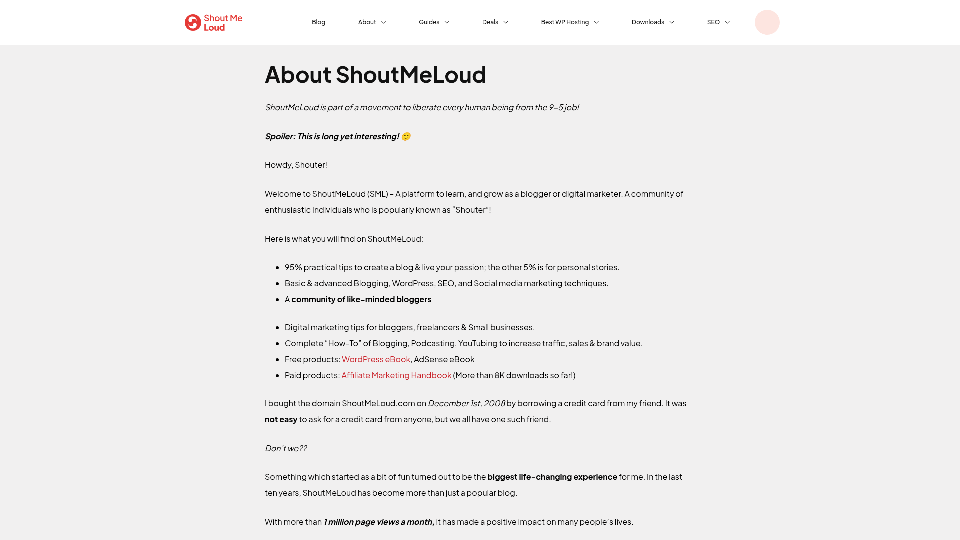 ShoutMeLoud About page by Harsh Agrawal describing the blogging community and noting the domain was bought on 1 December 2008