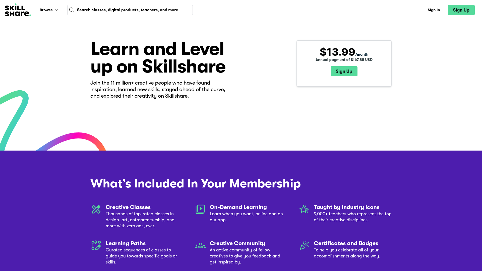 Skillshare pricing page showing $13.99 a month with an annual payment of $167.88 USD