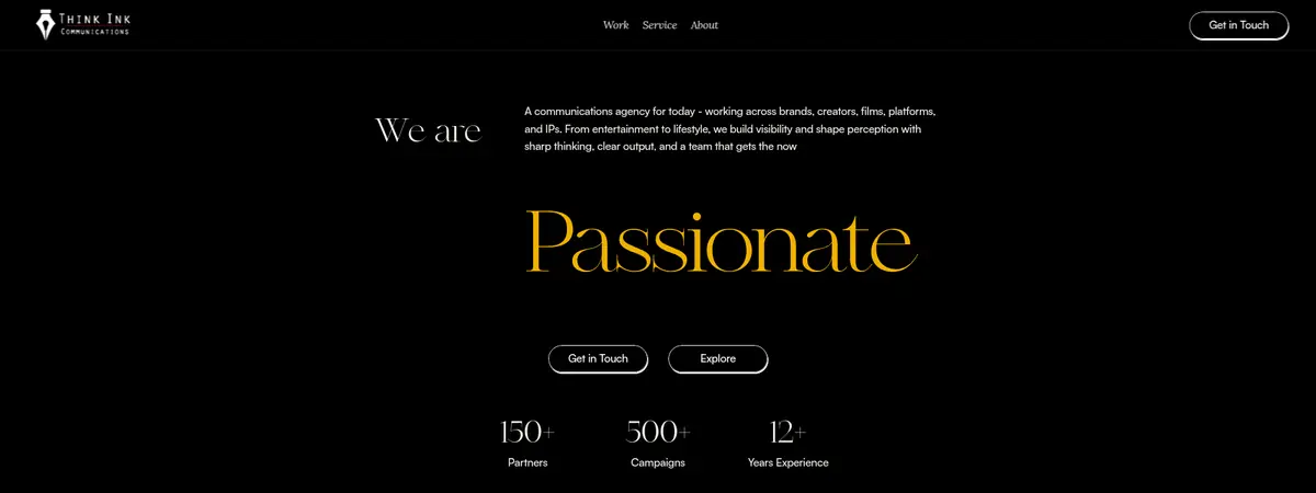 Think Ink Communications Homepage 2026 Think Ink Communications homepage showing 150+ partners, 500+ campaigns and 12+ years of entertainment and lifestyle PR