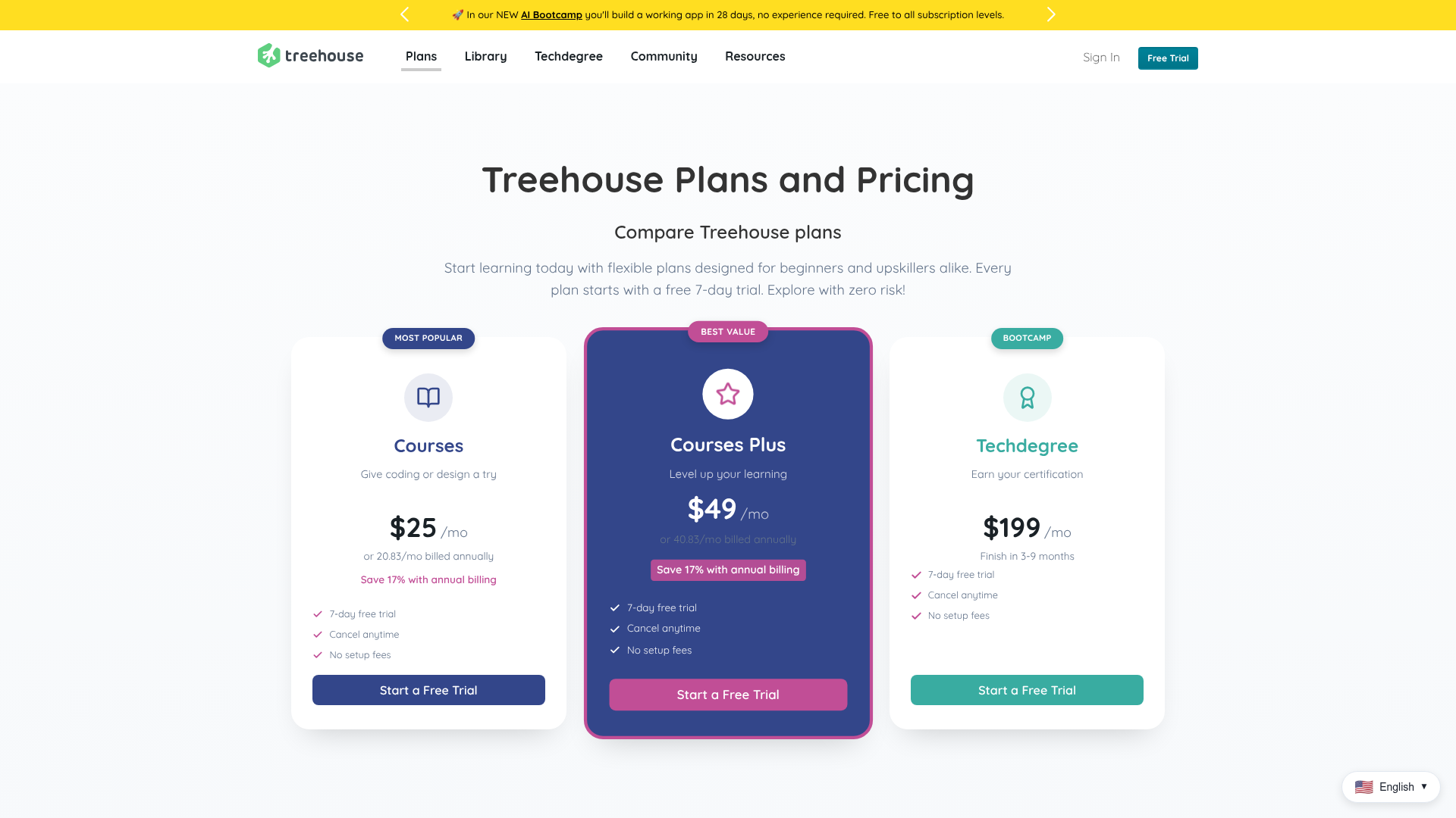 Treehouse Plans and Pricing 2026 Treehouse pricing page: Courses $25/mo, Courses Plus $49/mo, Techdegree $199/mo, each with a 7-day free trial