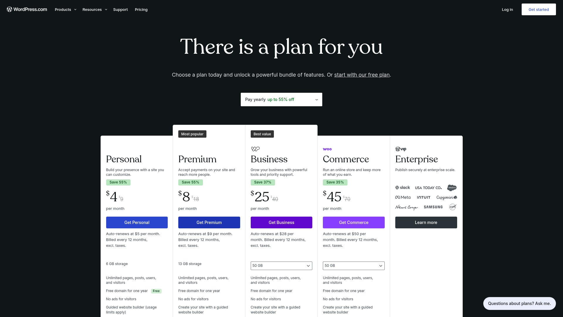 WordPress.com Pricing Plans 2026 WordPress.com pricing page with Personal $4, Premium $8, Business $25 and Commerce $45 per month billed yearly
